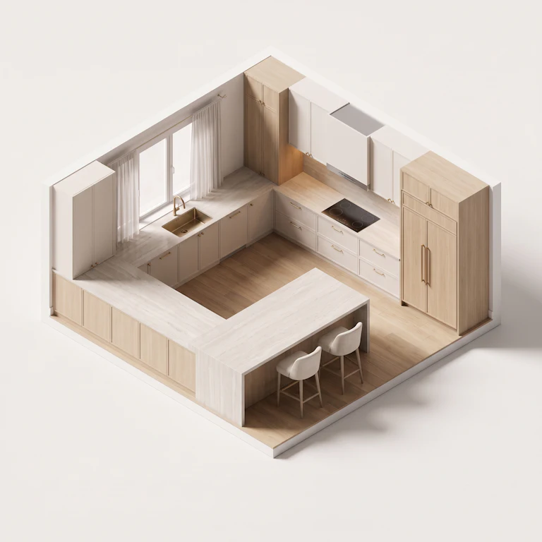 Isometric 3D cutaway of a G-shaped kitchen with a peninsula and two bar stools.