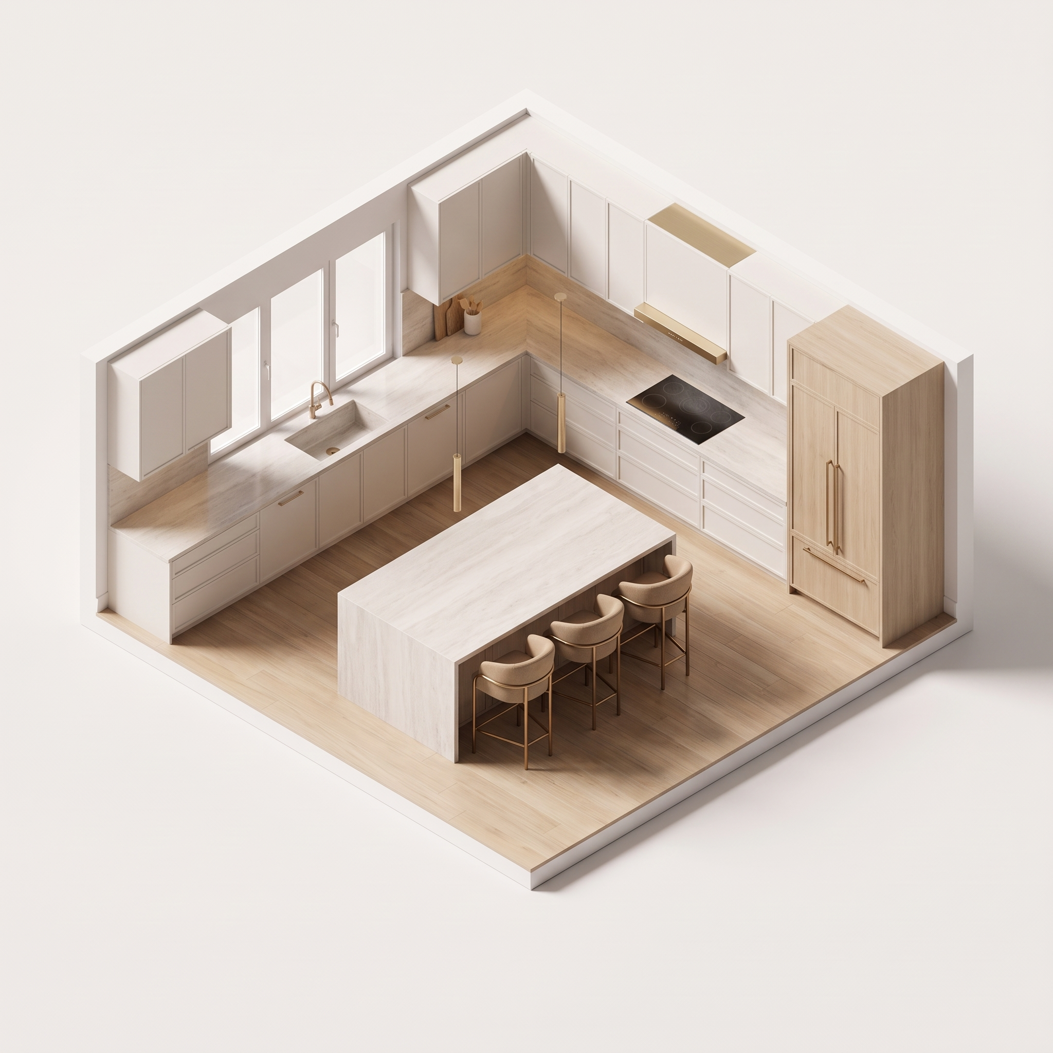 Isometric 3D cutaway of a kitchen with a central island, three bar stools and perimeter counters.