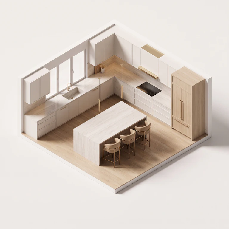 Isometric 3D cutaway of a kitchen with a central island, three bar stools and perimeter counters.