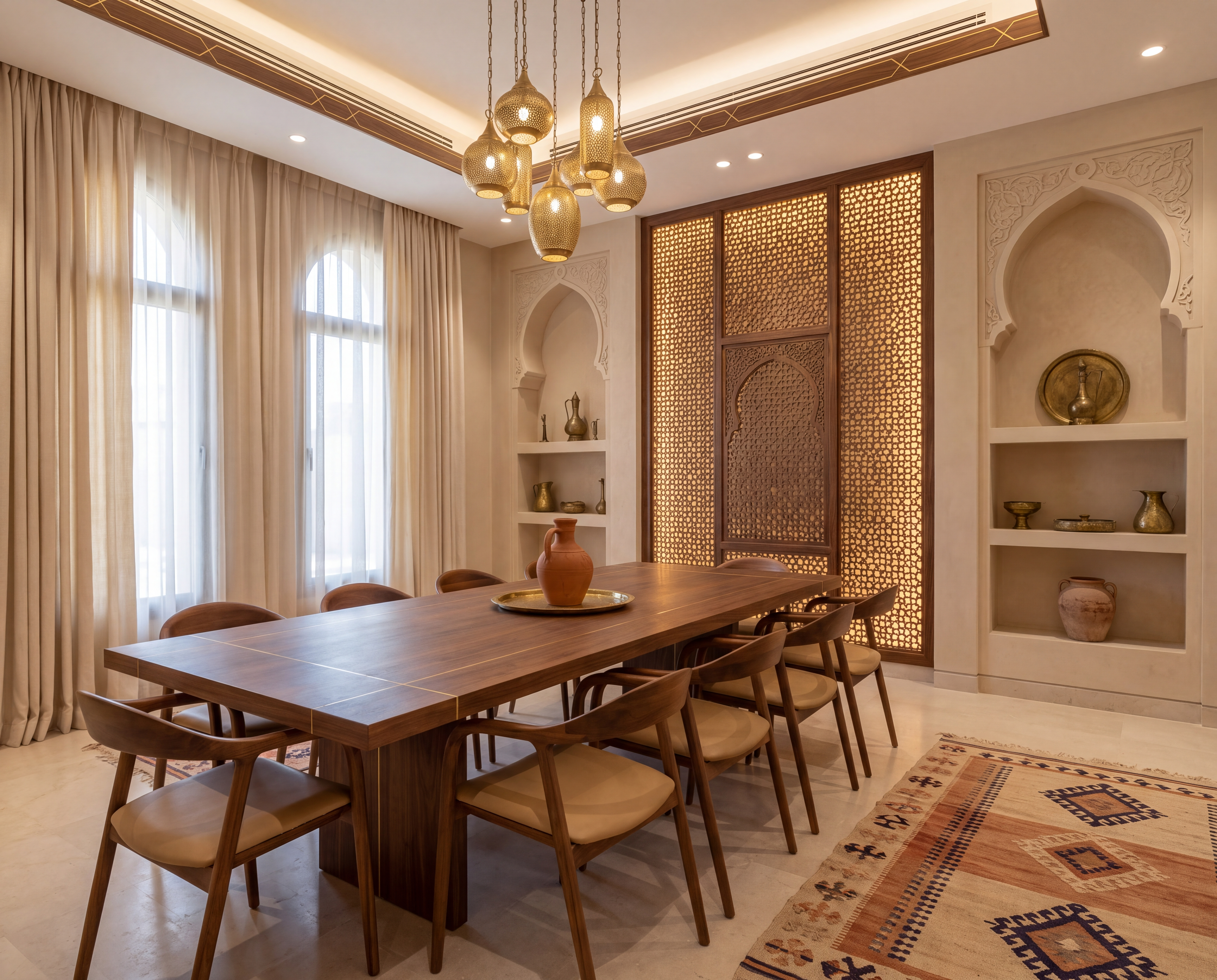 غرفة طعام تراثية معاصرة بطاولة من خشب الجوز بترصيع نحاسي، وحاجز خشبي مشبّك منحوت بإضاءة ذهبية من خلفه، وكوات جصية مقوّسة تحمل أواني نحاسية، وفوانيس نحاسية معلّقة، وسجادة بنقوش هندسية