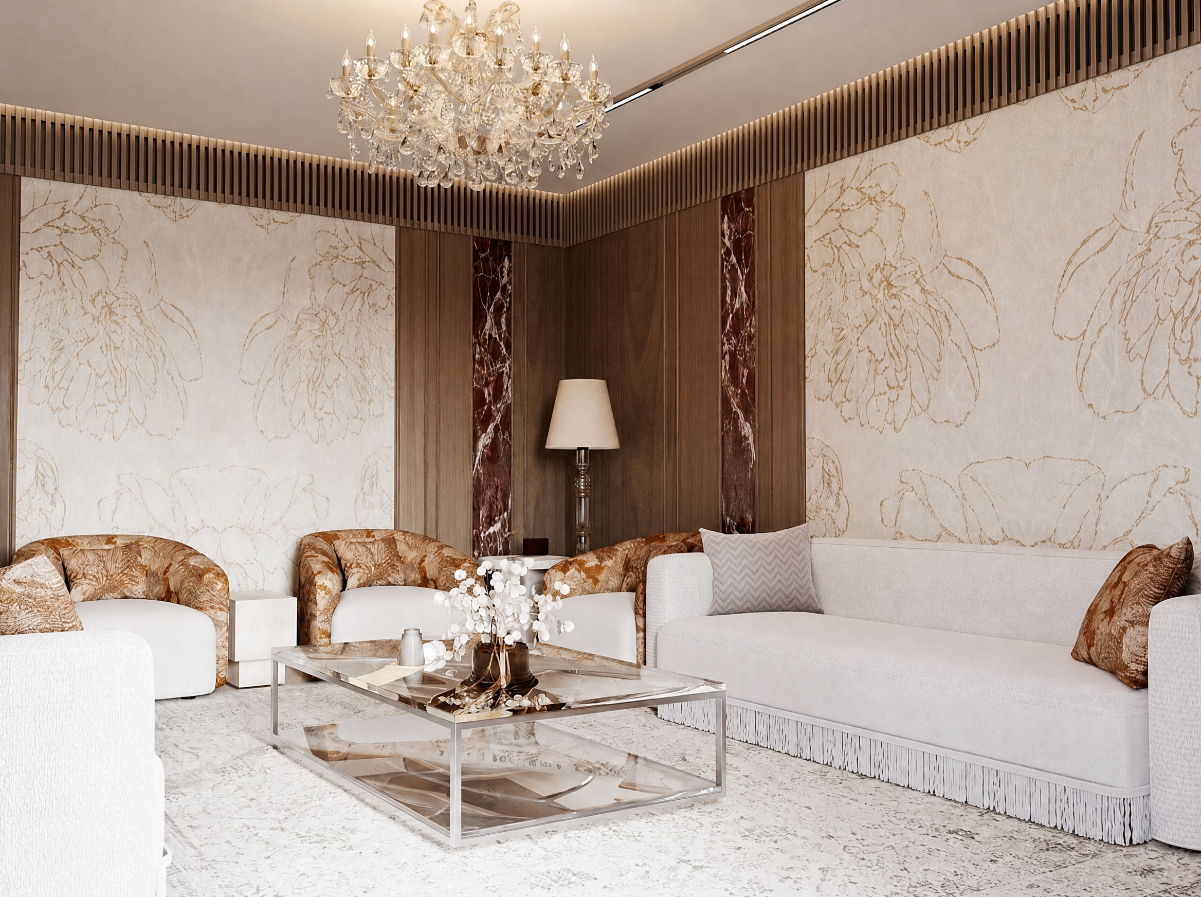 مجلس فاخر بتصميم مودرن مع ثريا كريستالية وأثاث بتصميم منحني