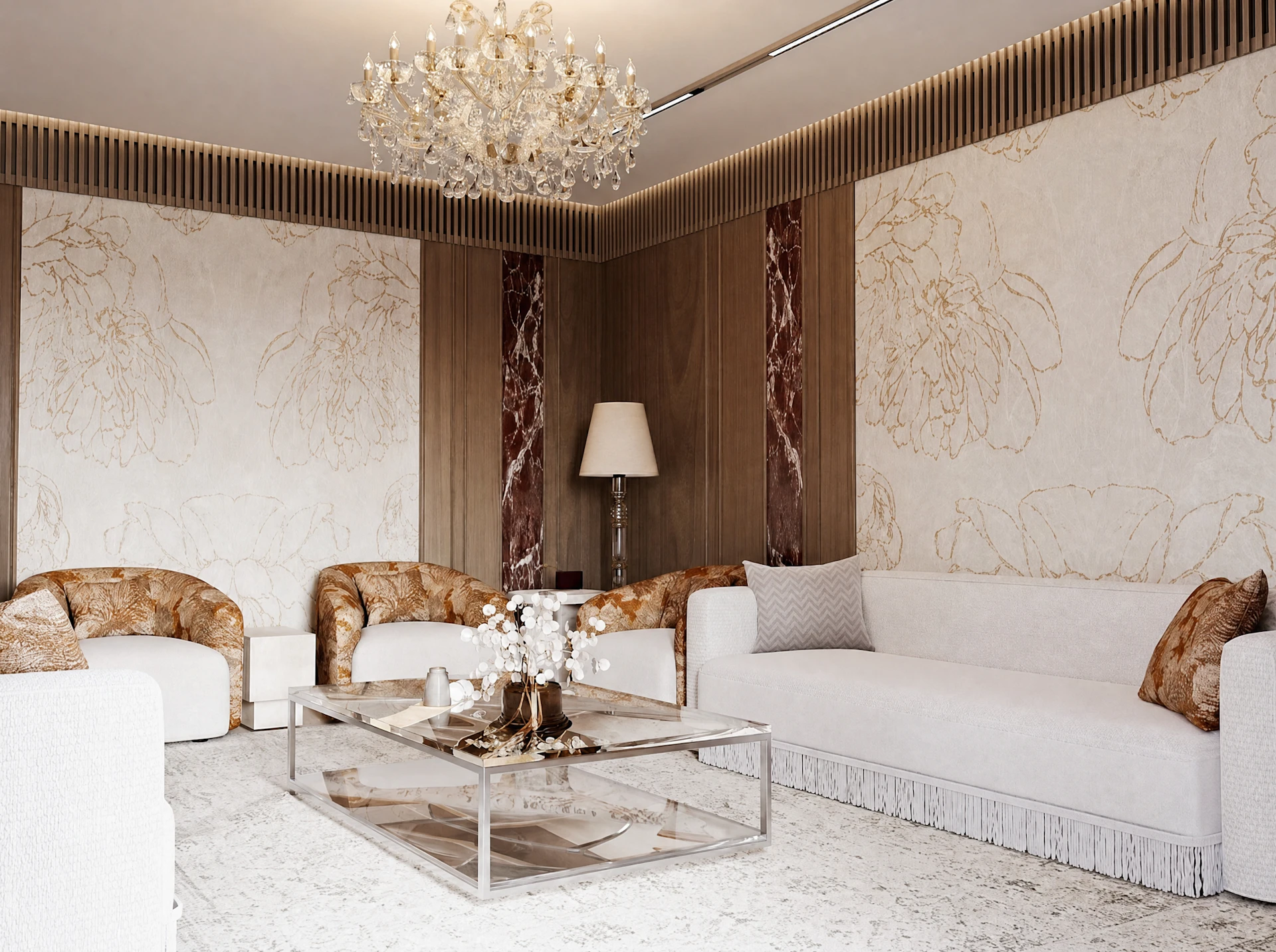 مجلس فاخر بتصميم مودرن مع ثريا كريستالية وأثاث بتصميم منحني