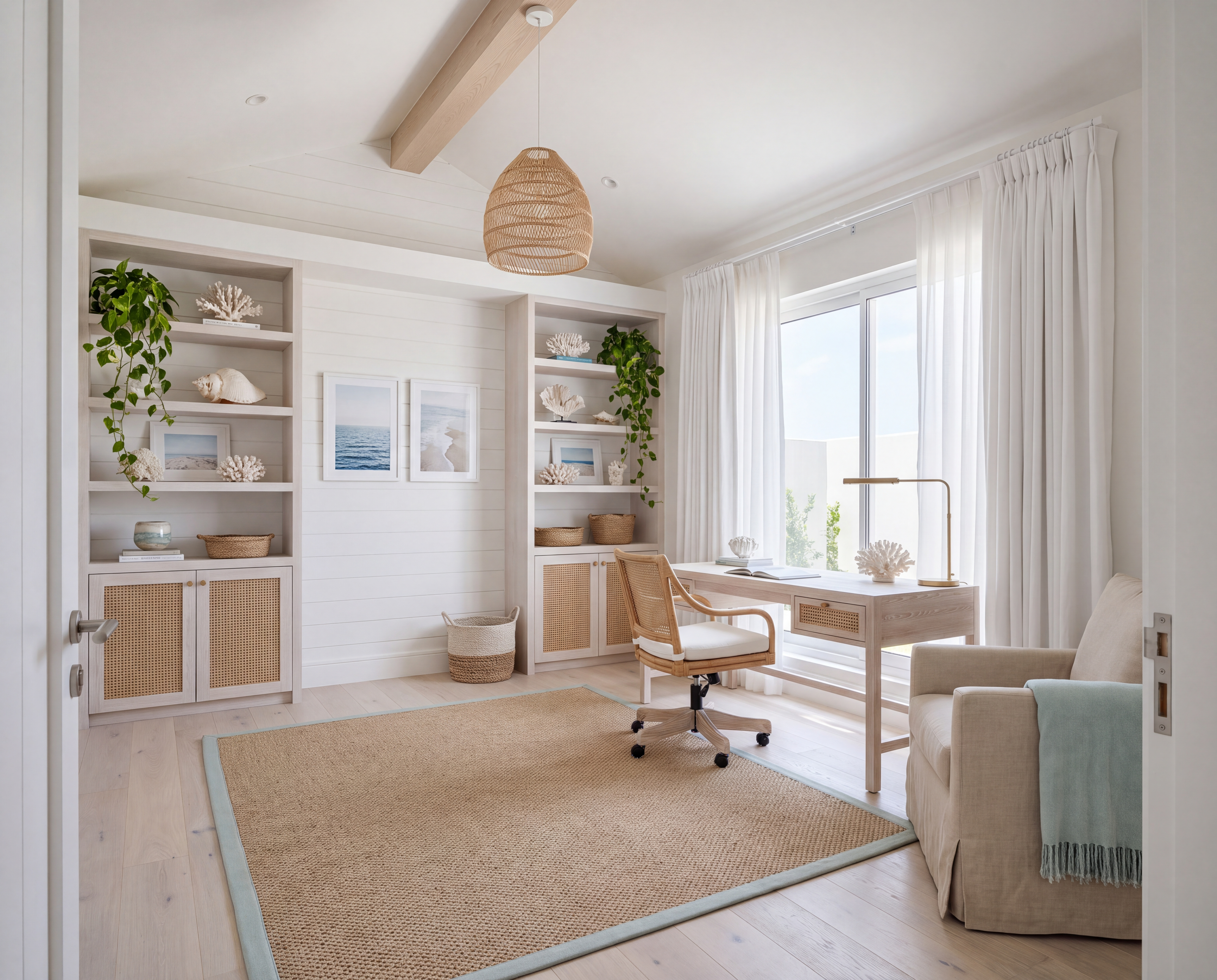 Coastal contemporary home office with a whitewashed shiplap wall, rattan cabinet fronts, a driftwood desk, a woven pendant light and a jute rug with an aqua border