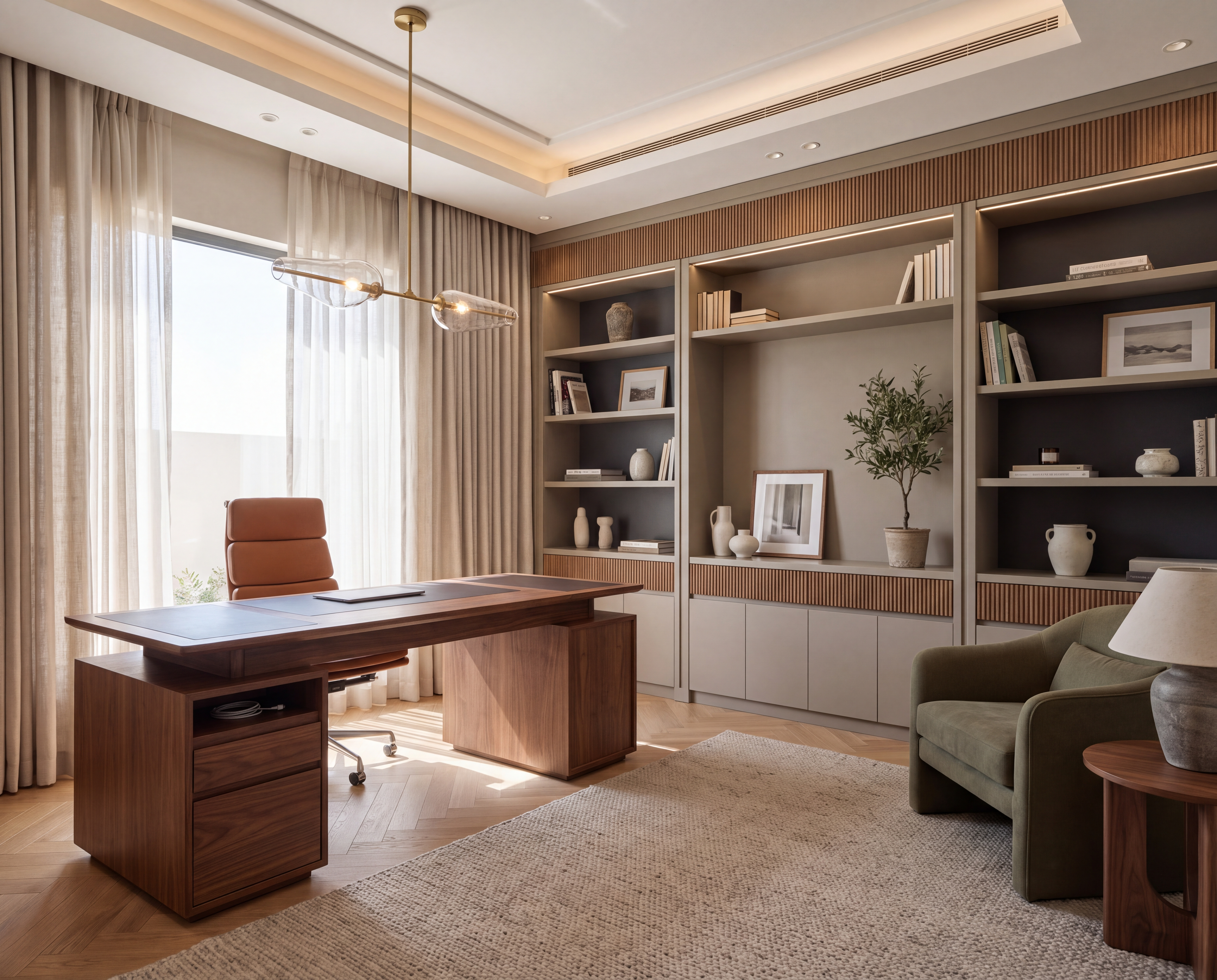 Spacious home office with a walnut desk beside a tall window, built-in shelving with fluted wood panelling, and an olive-green armchair