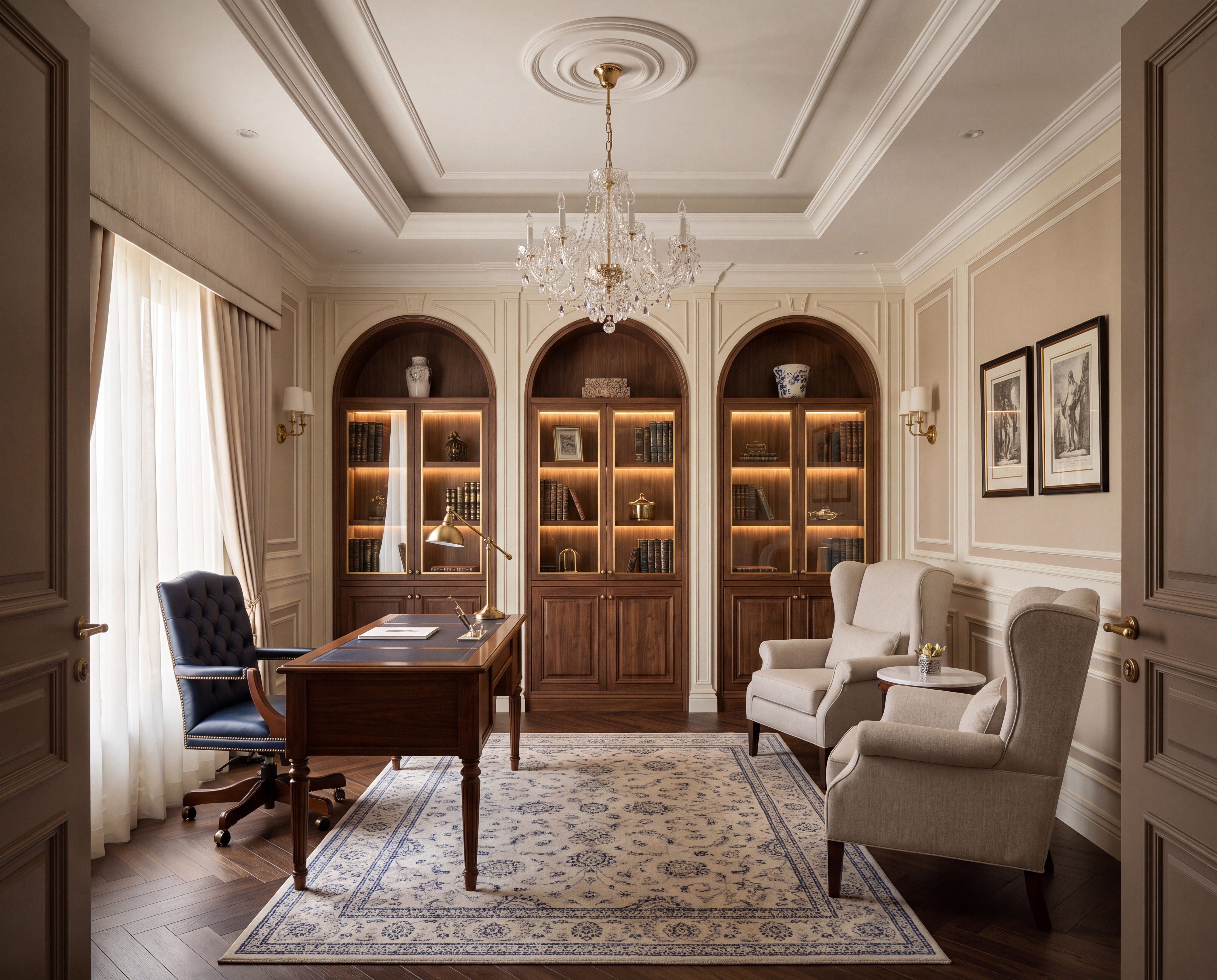 New classic home office with arched walnut bookcases, a walnut writing desk with a navy leather chair, a crystal chandelier and two wingback armchairs