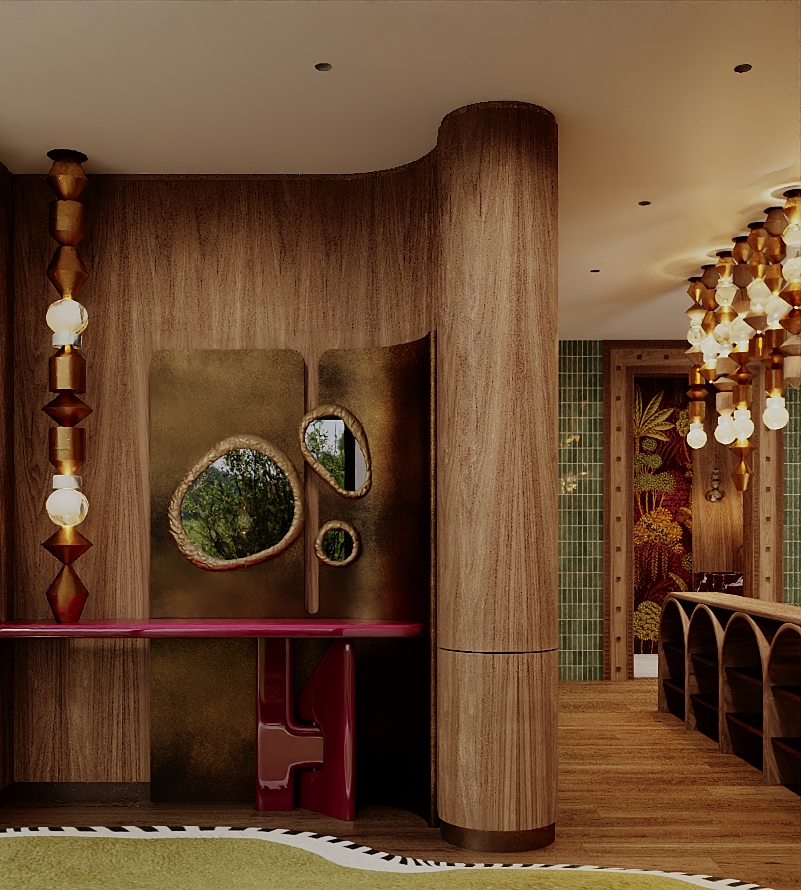 Retro vintage dining area with a marble table and burgundy velvet chairs