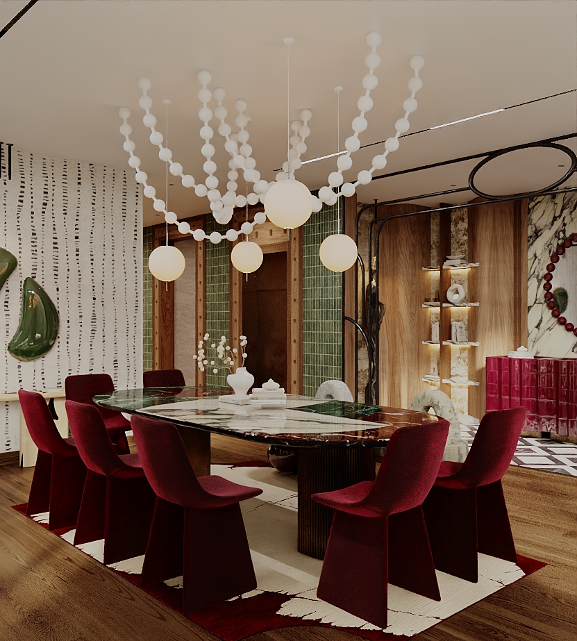 Fluted burgundy cabinet beside a veined marble wall with a red bead garland