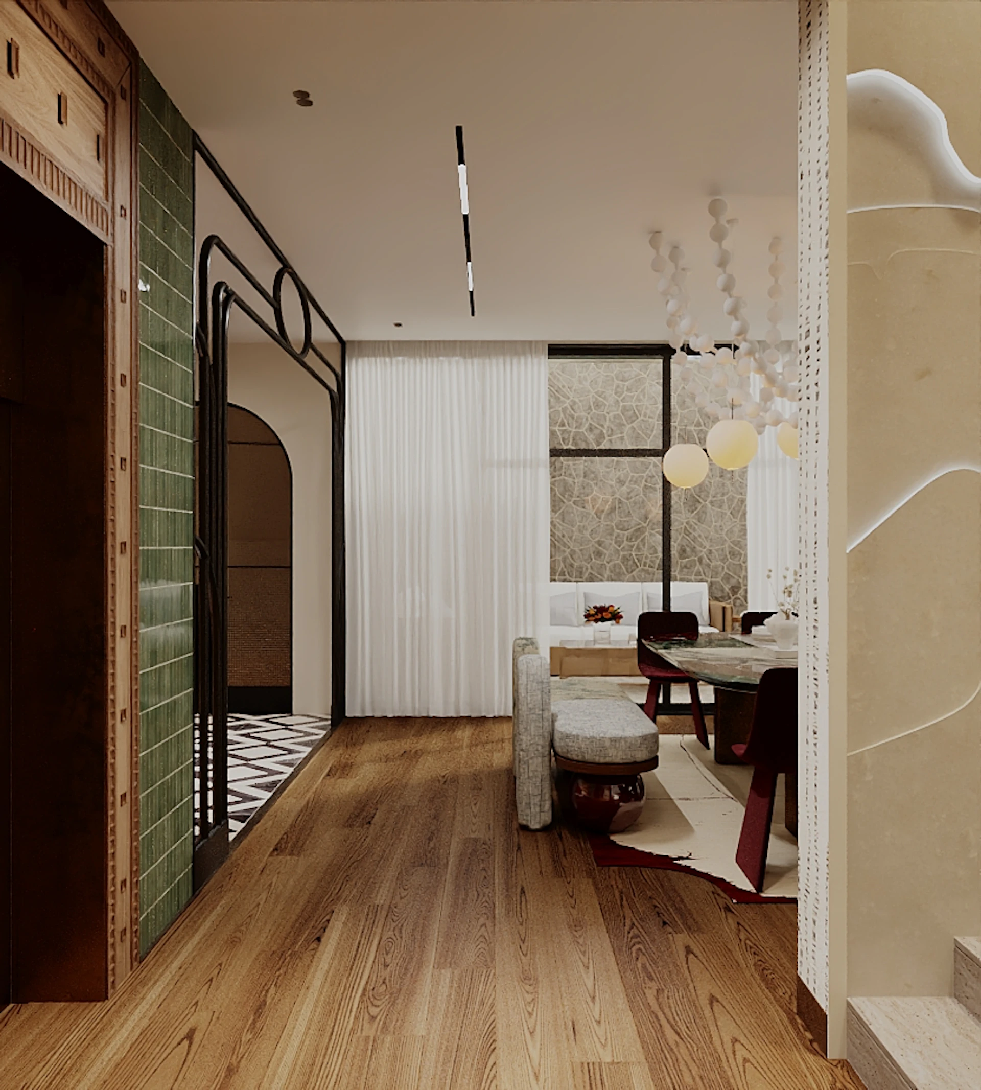 Green glazed tile wall framed by warm walnut paneling