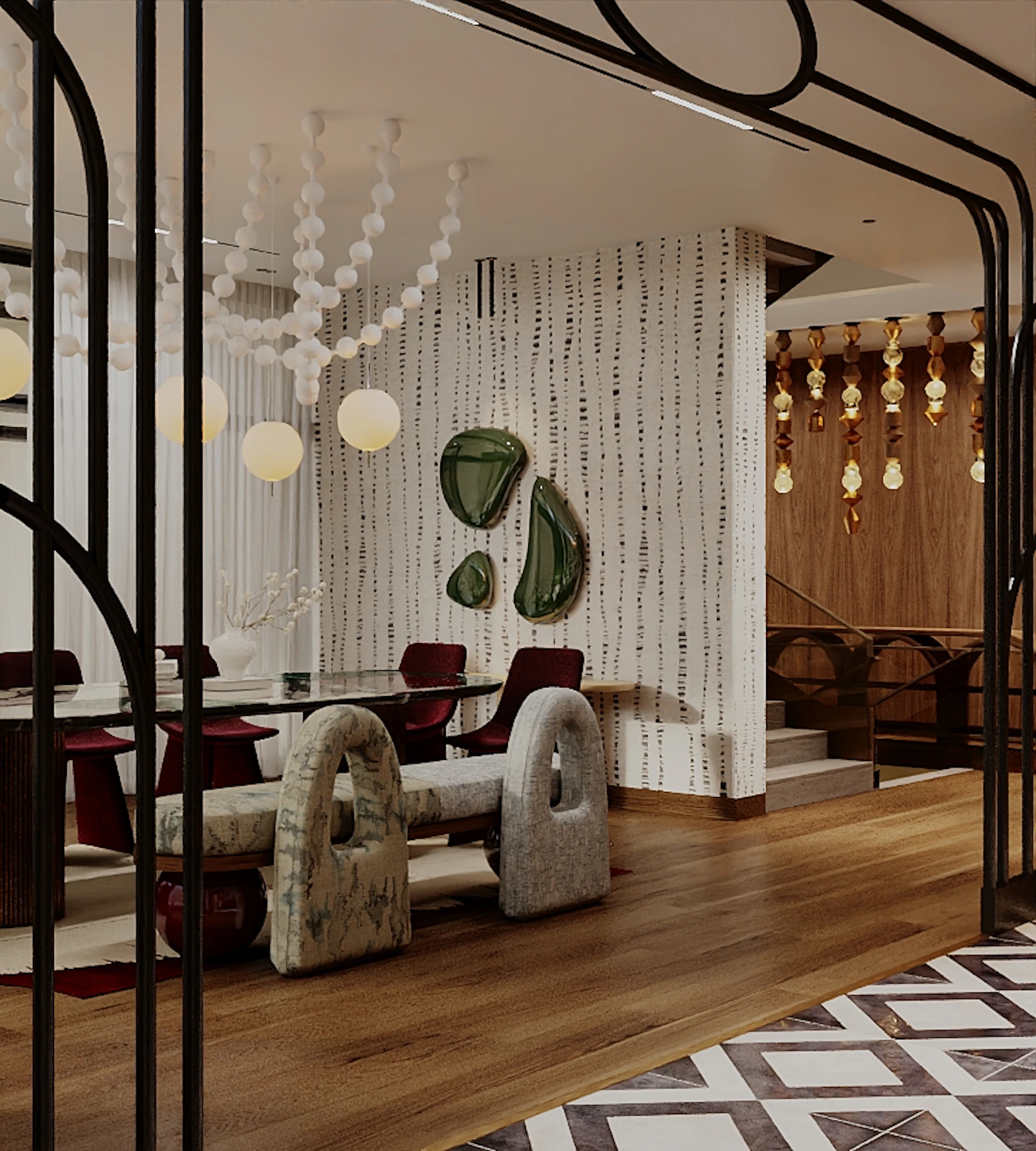 Black metal arch and walnut entrance framing the retro vintage interior