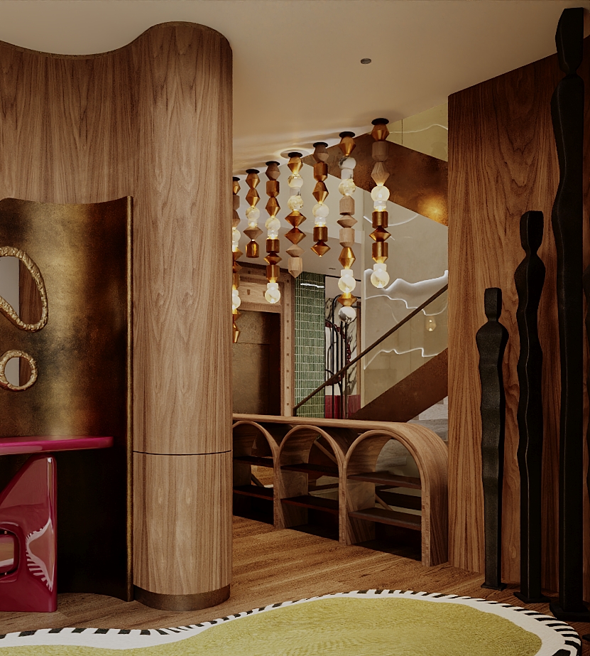 Hand-patterned feature wall with organic green glass wall sculptures