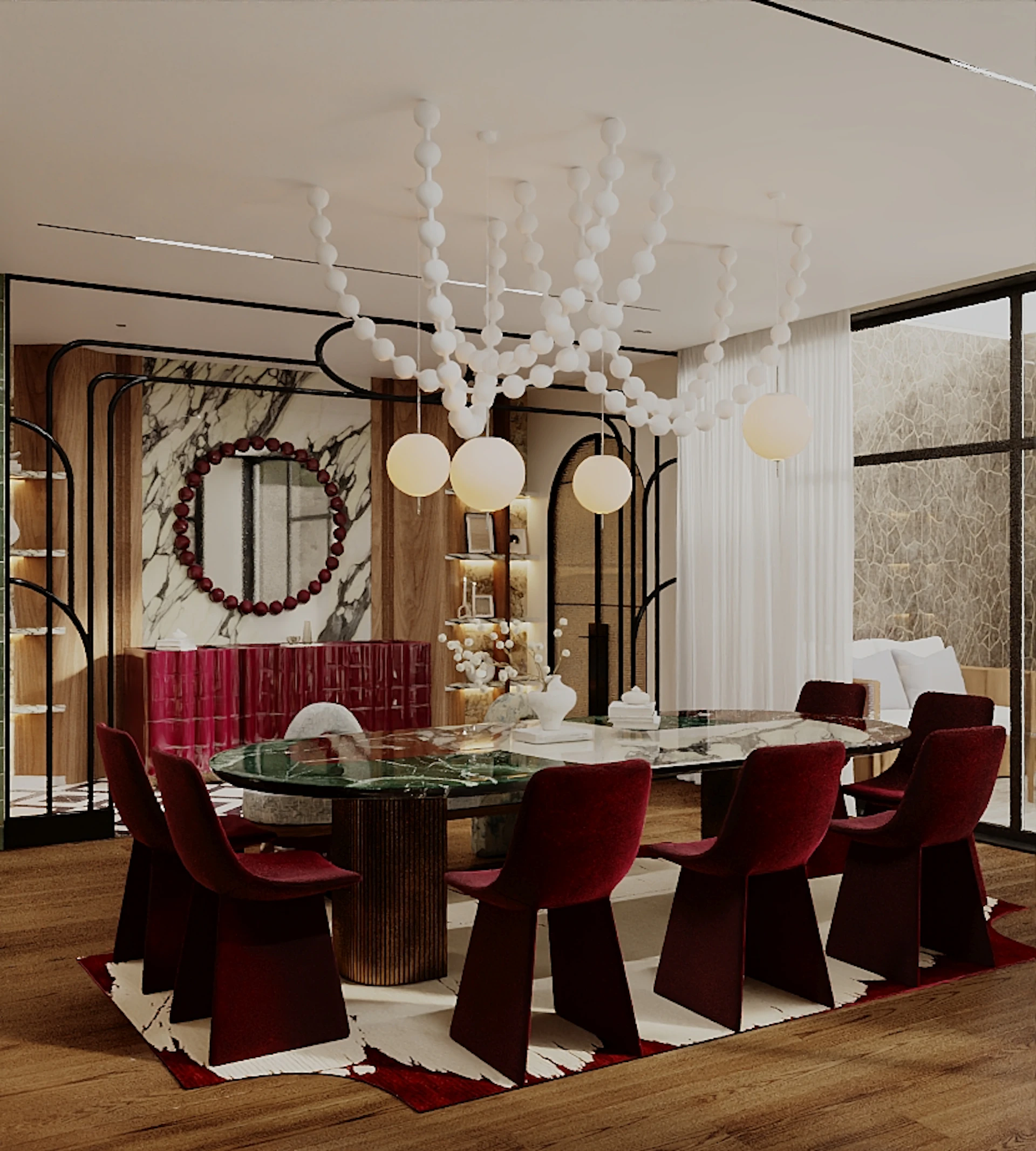 Backlit wooden shelves displaying ceramic decor in the dining area