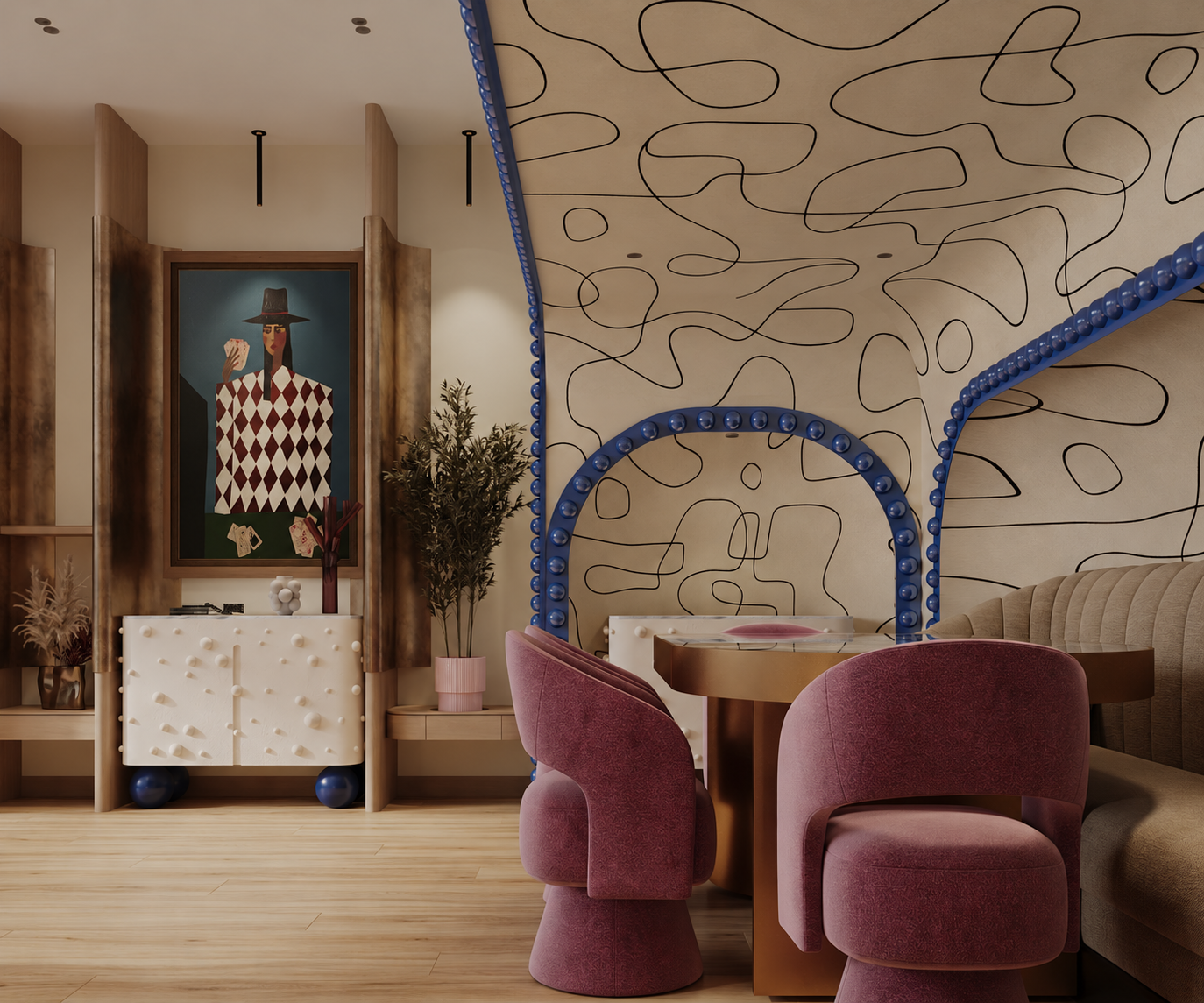 Burgundy swivel armchair beside a sculptural navy floor lamp