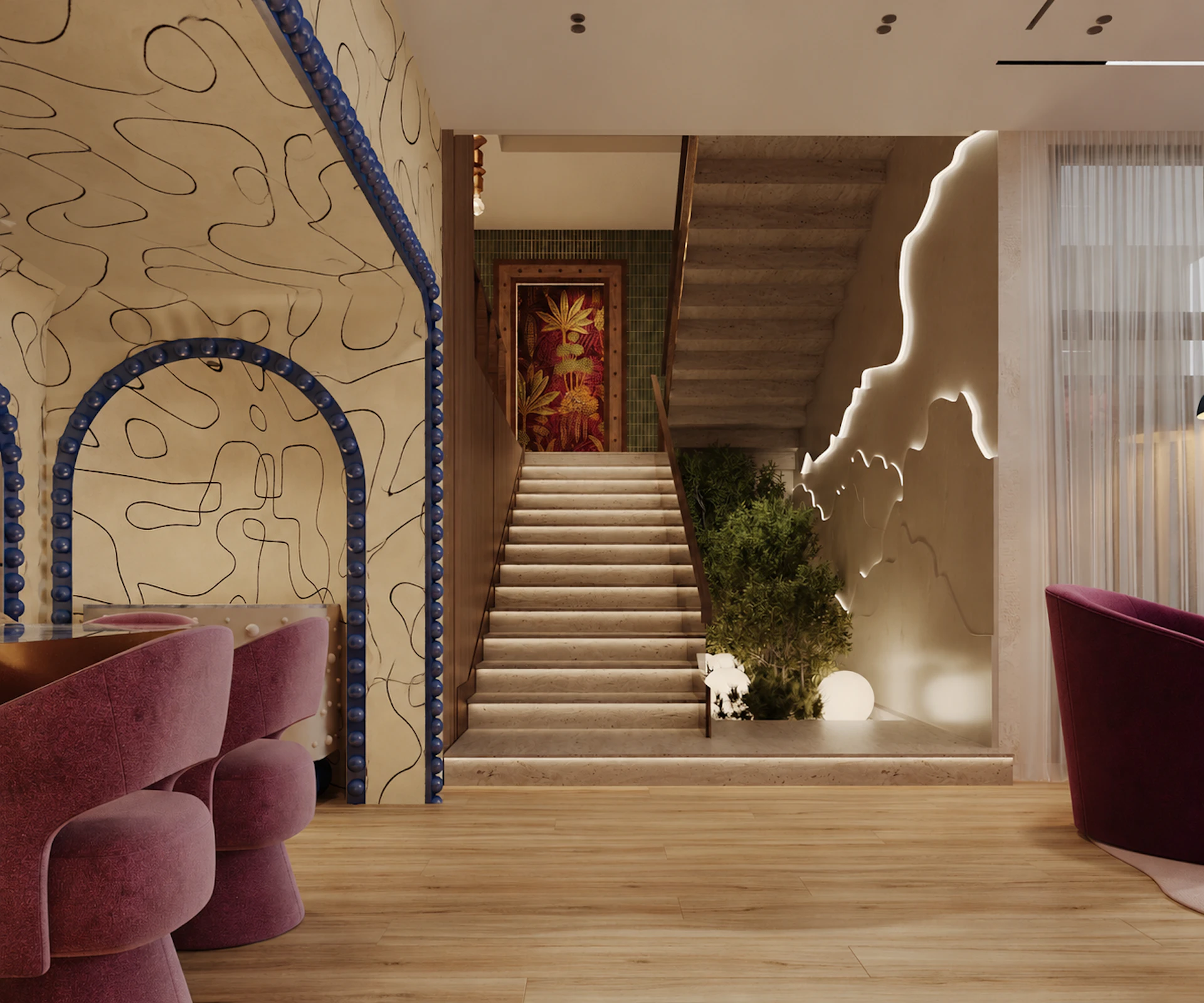 Retro vintage living room with a curved sofa, burgundy armchair and pink chandelier