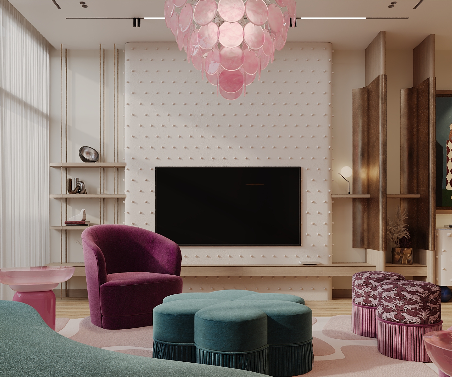 Sculpted feature wall with soft backlit edges beside the staircase