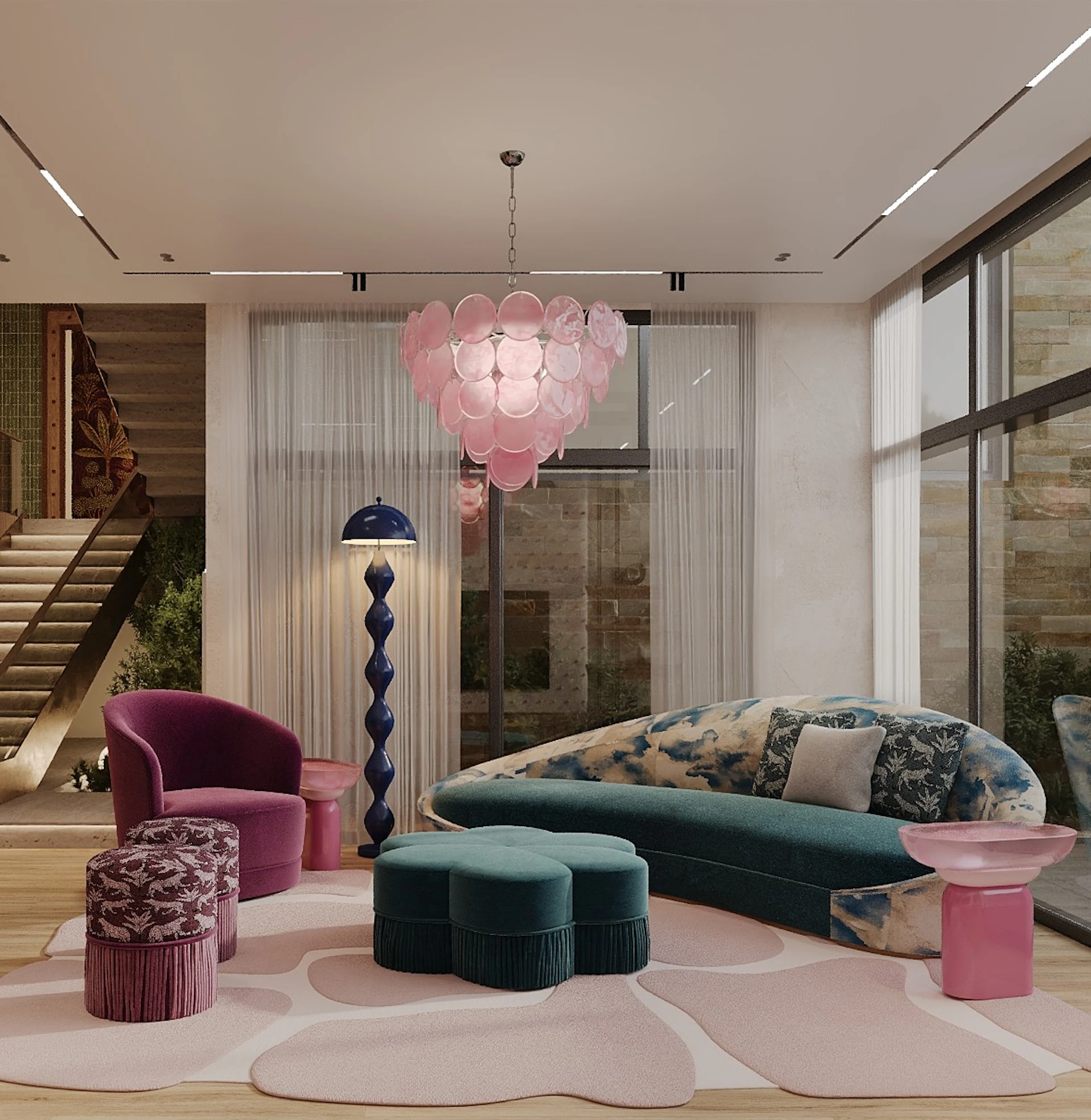 Travertine staircase with greenery planted beneath the steps