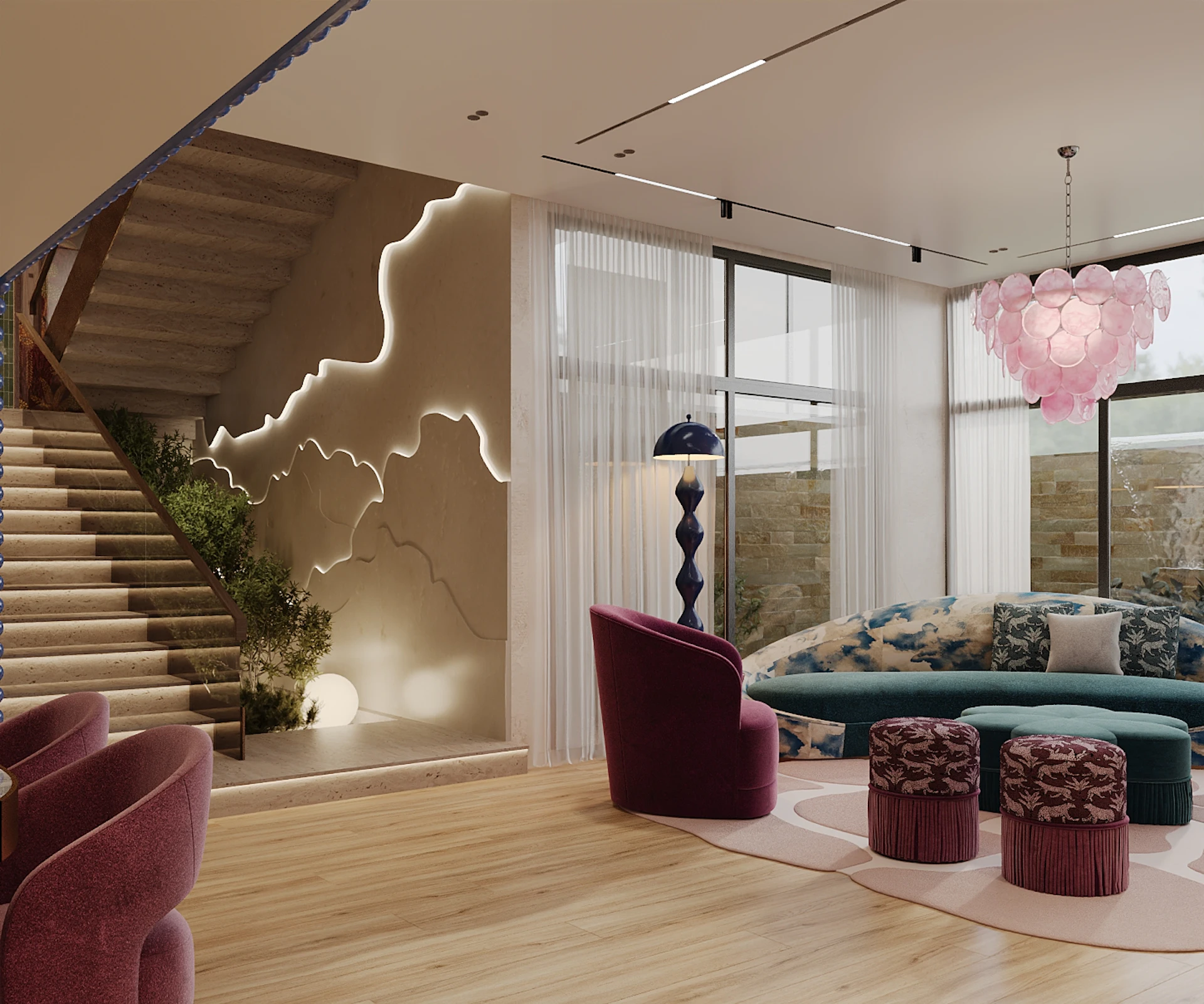 Fringed leopard-print poufs and clover-shaped ottoman on a pink organic rug