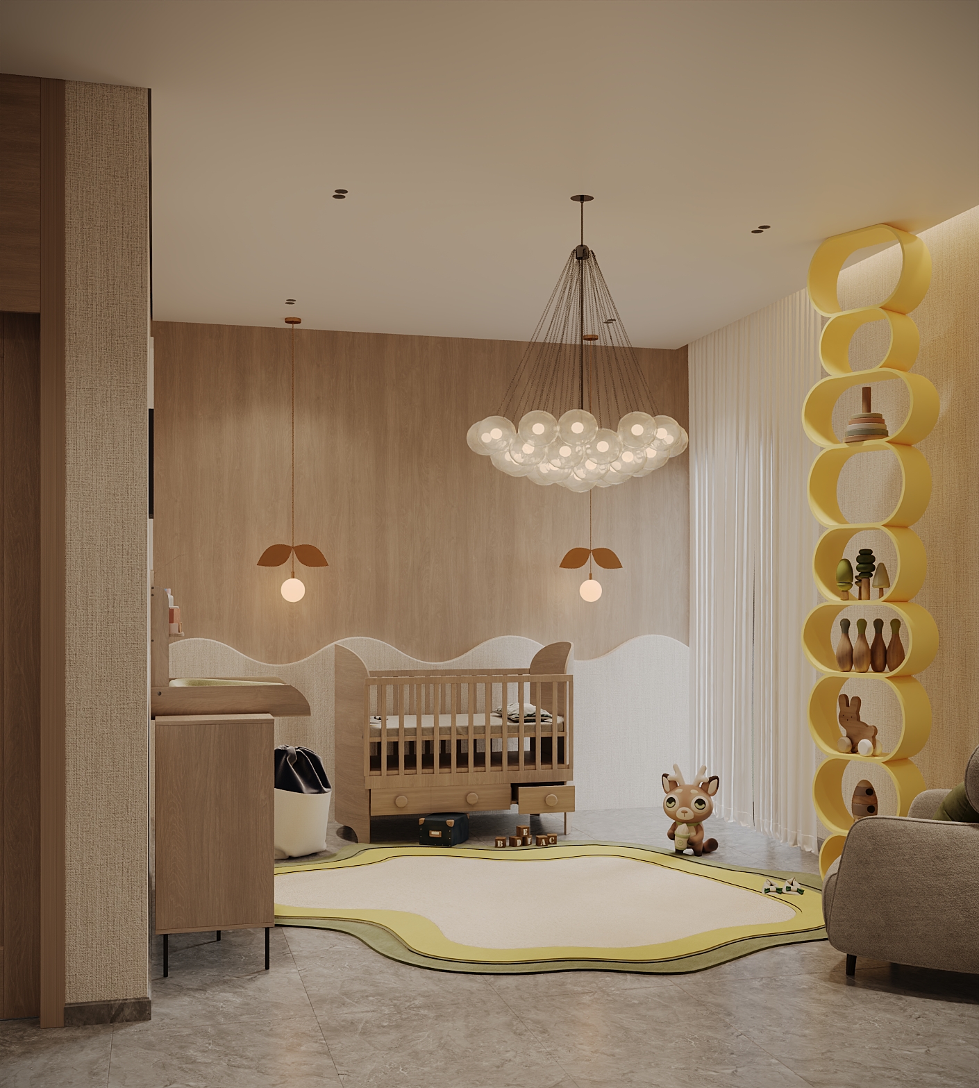 Retro vintage nursery with a wooden crib, bubble chandelier and organic green rug