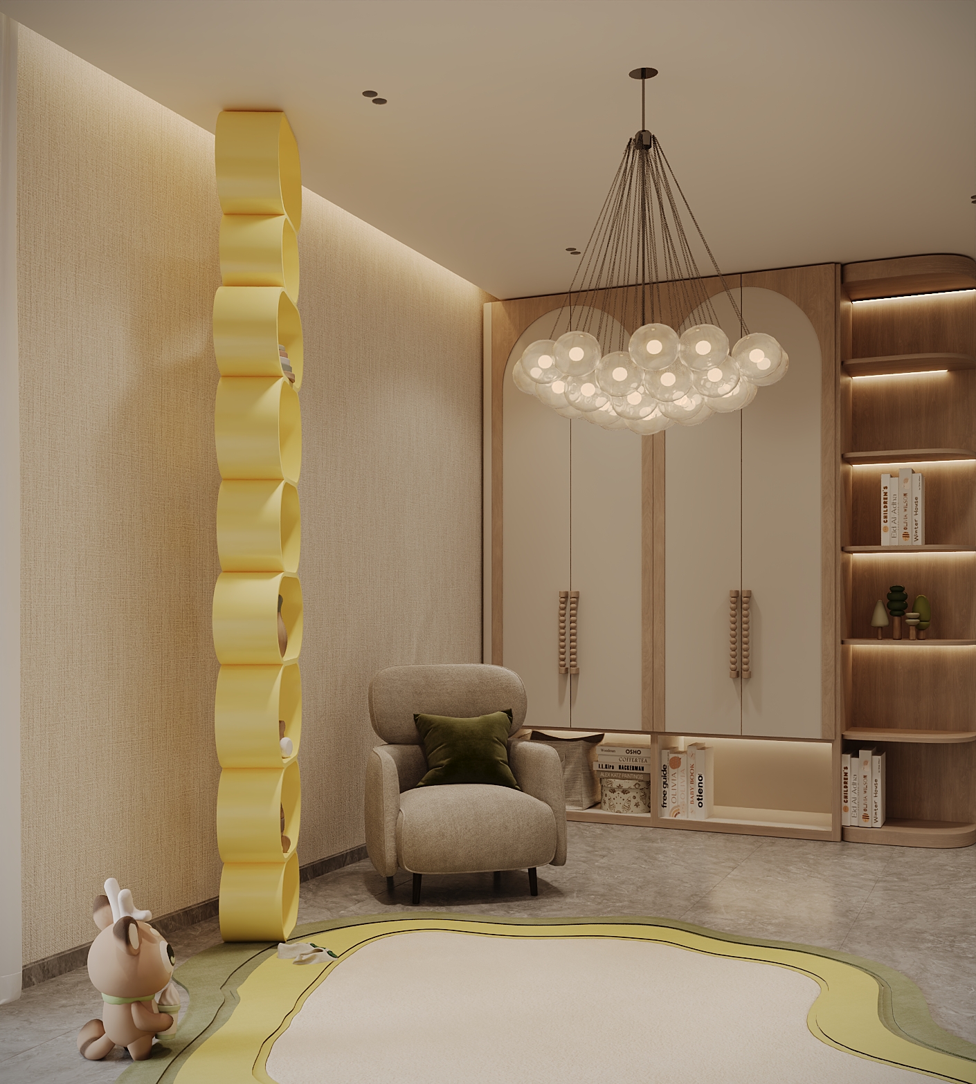 Wooden baby crib with drawers against a scalloped cloud-like wall