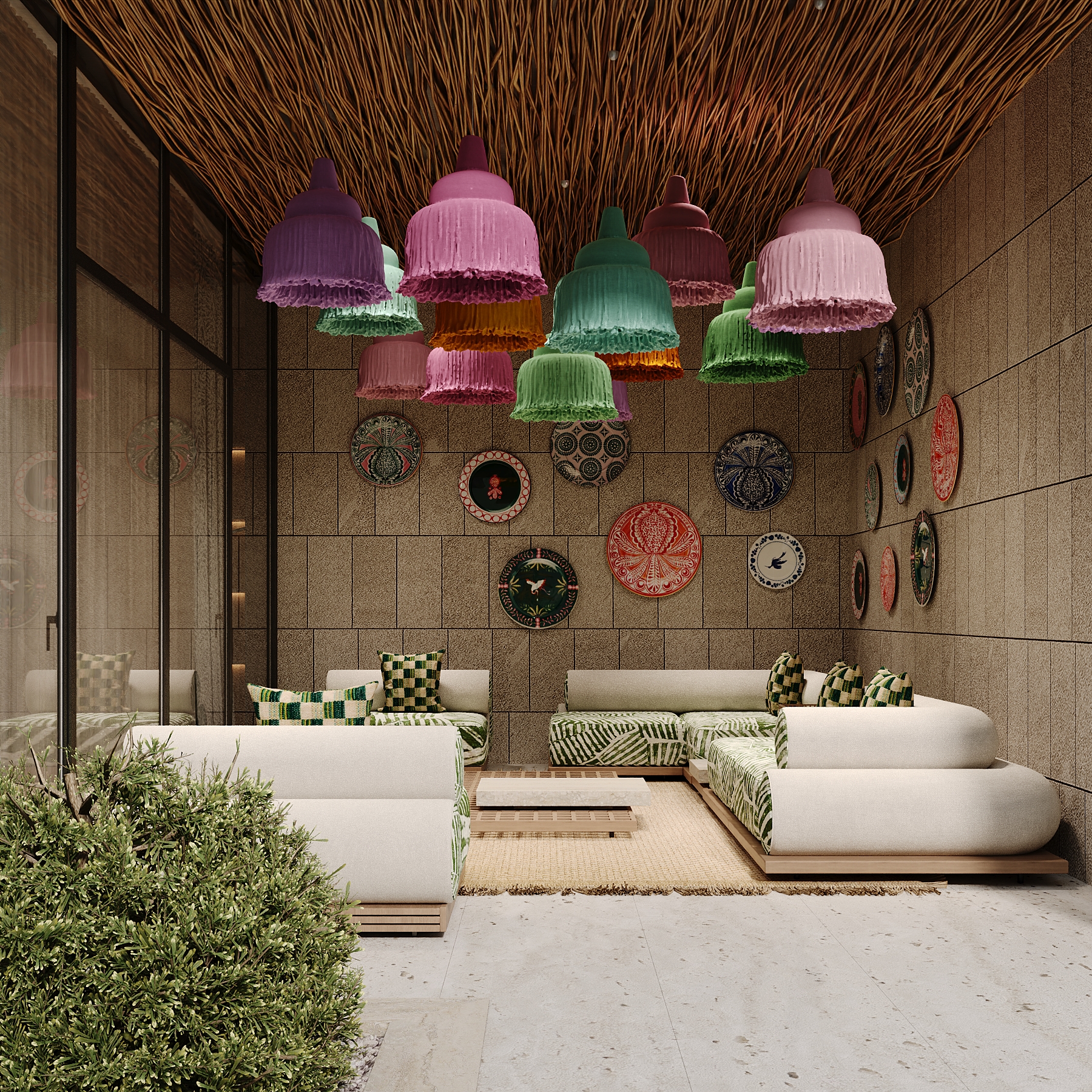 Fringed pendant lamps in purple, pink, orange and green under a woven timber ceiling