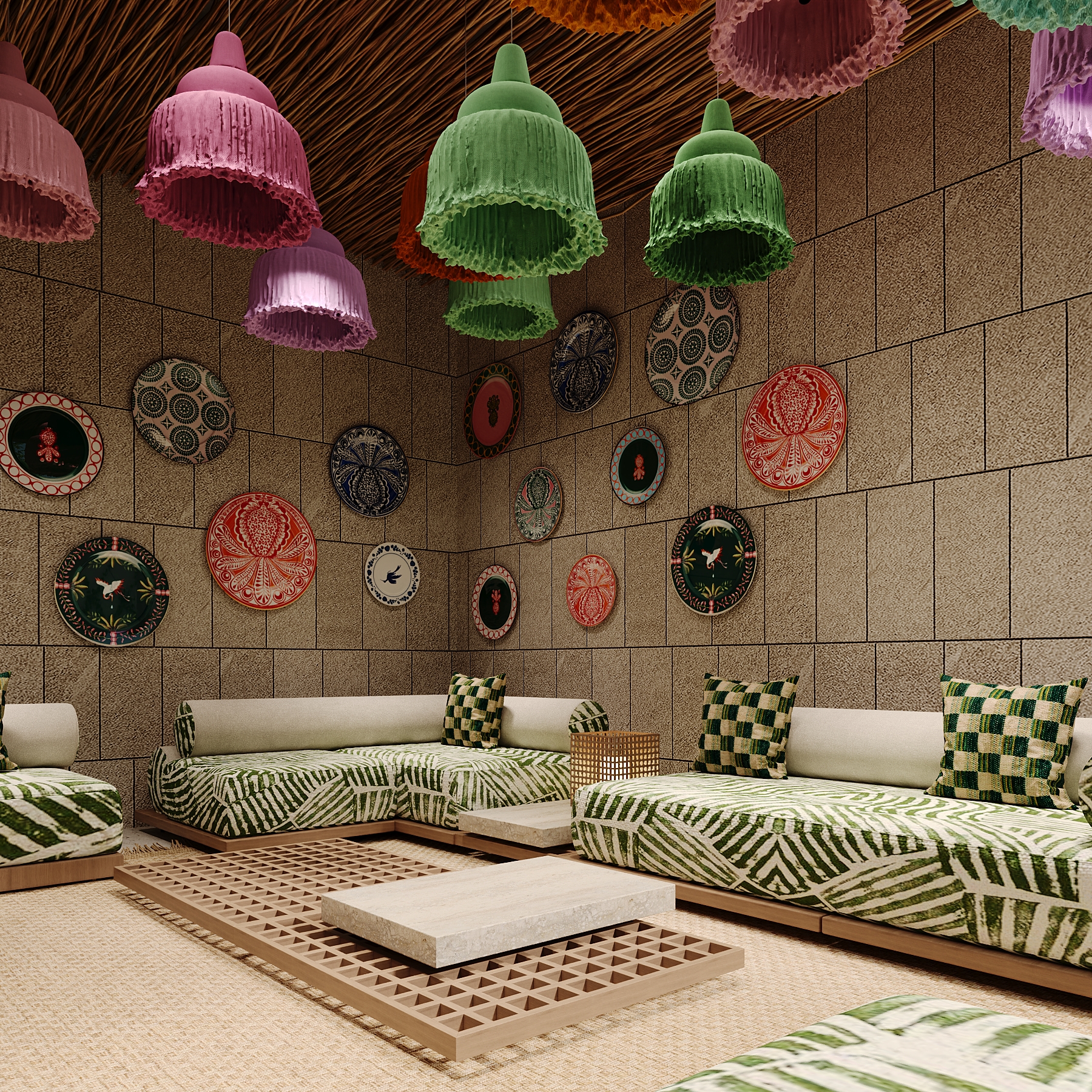 Retro vintage outdoor area with a swimming pool, striped awnings and colorful chairs