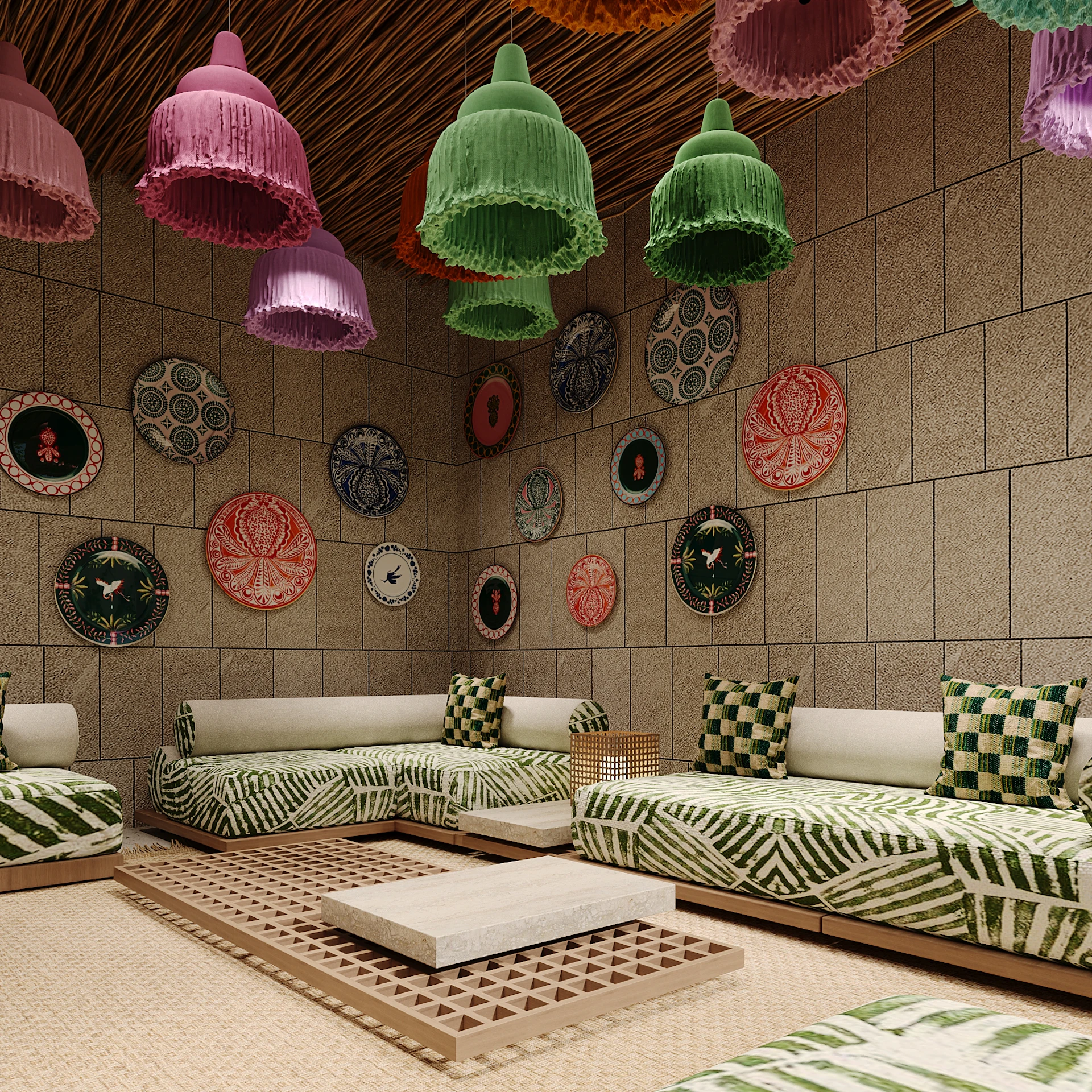 Retro vintage outdoor area with a swimming pool, striped awnings and colorful chairs