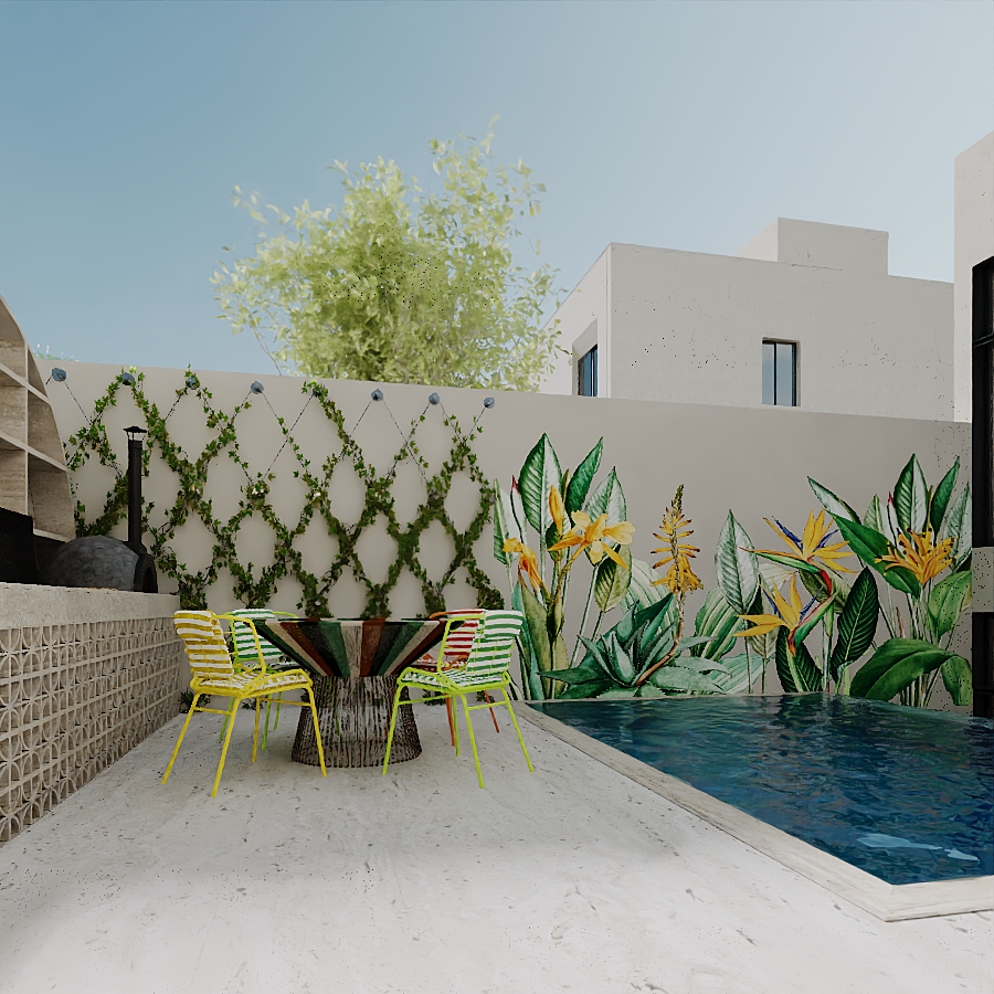 Retro vintage outdoor area with a swimming pool, striped awnings and colorful chairs