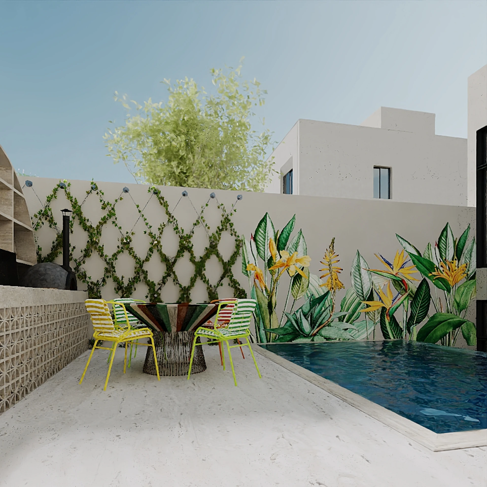 Retro vintage outdoor area with a swimming pool, striped awnings and colorful chairs