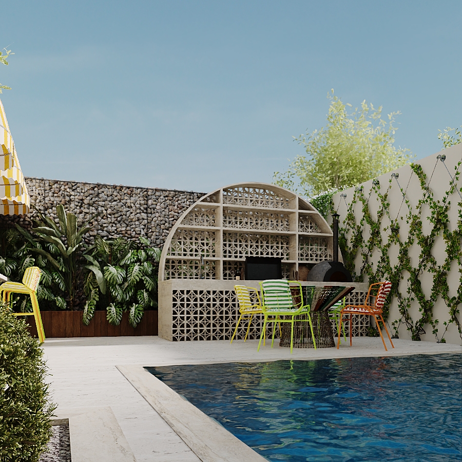 Covered poolside lounge with white seating, green striped cushions and painted ceramic plates